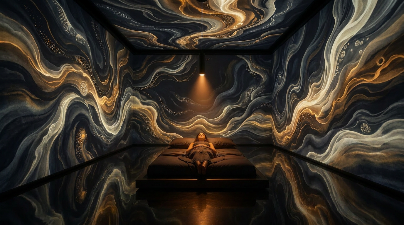 The guest reclined on the mattress, the kinetic signature alive on every wall and the ceiling